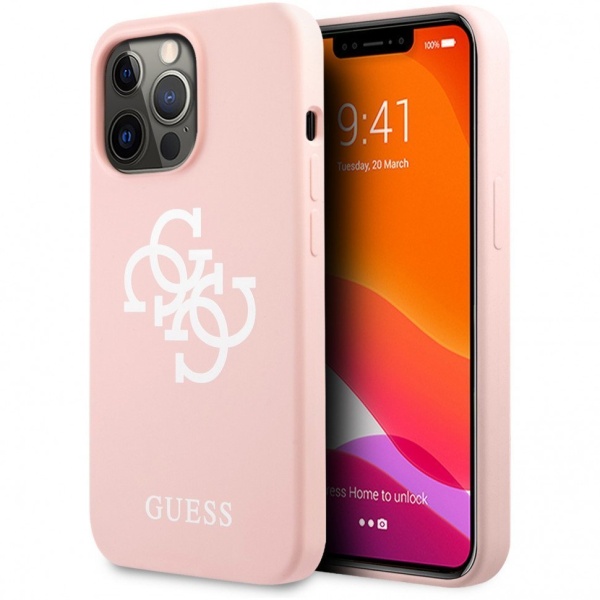 Чехол Guess для iPhone 13 Liquid silicone 4G Small metal logo Hard. Цвет: розовый