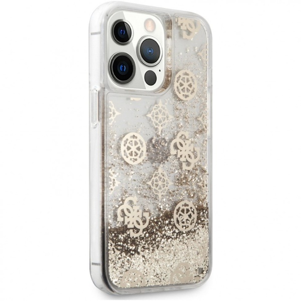 Чехол Guess для iPhone 13 PC/TPU Flower pattern Hard + Hand cord. Цвет: золотой