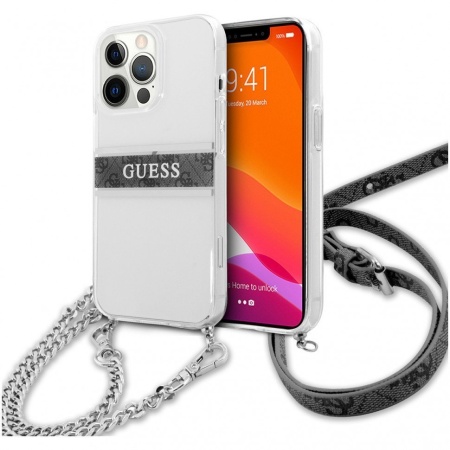 Чехол Guess для iPhone 13 Pro Max PC/TPU 4G Stripe Hard+crossbody chain. Цвет: прозрачный/серебрист.