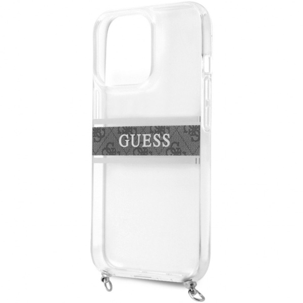 Чехол Guess для iPhone 13 Pro Max PC/TPU 4G Stripe Hard+crossbody chain. Цвет: прозрачный/серебрист.