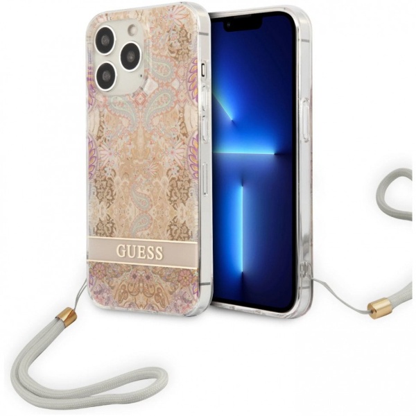 Чехол Guess для iPhone 13 Pro Max PC/TPU Flower pattern Hard + Hand cord. Цвет: золотой