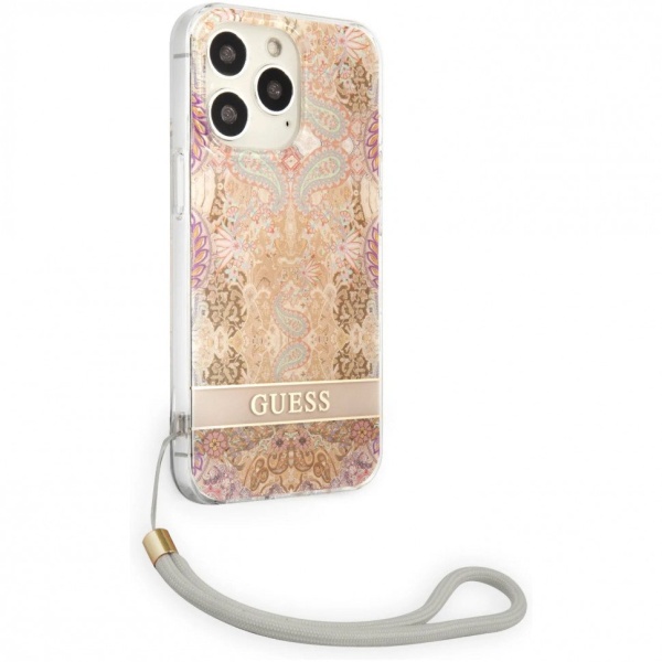 Чехол Guess для iPhone 13 Pro Max PC/TPU Flower pattern Hard + Hand cord. Цвет: золотой