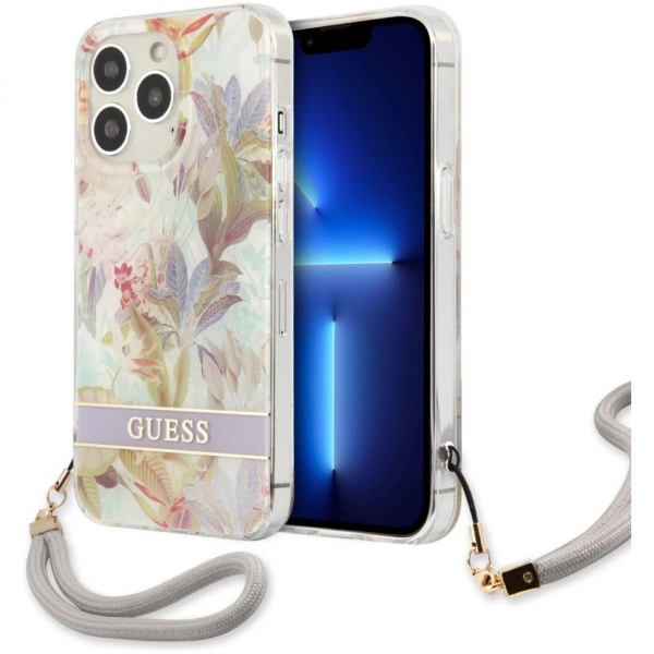 Чехол Guess для iPhone 13 Pro Max PC/TPU Flower pattern Hard + Hand cord. Цвет: фиолетовый