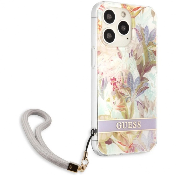 Чехол Guess для iPhone 13 Pro Max PC/TPU Flower pattern Hard + Hand cord. Цвет: фиолетовый