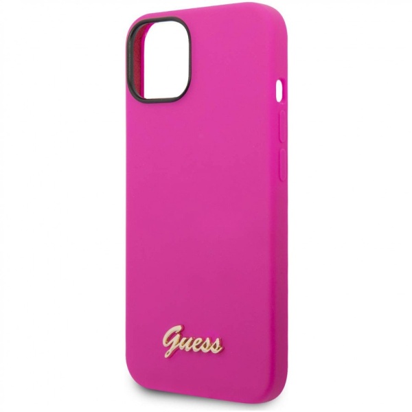 Чехол Guess для iPhone 14 Liquid silicone Gold metal logo Hard. Цвет: фуксия