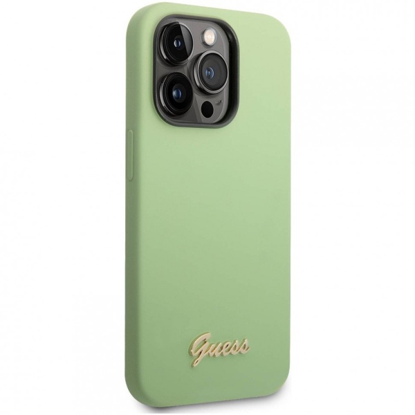 Чехол Guess для iPhone 14 Pro Liquid silicone Gold metal logo Hard. Цвет: зелёный