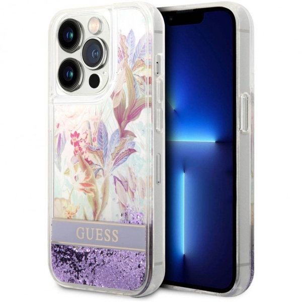 Чехол Guess для iPhone 14 Pro Max Liquid Glitter Flower Hard. Цвет: фиолетовый