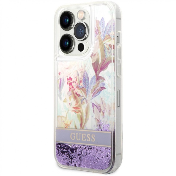 Чехол Guess для iPhone 14 Pro Max Liquid Glitter Flower Hard. Цвет: фиолетовый