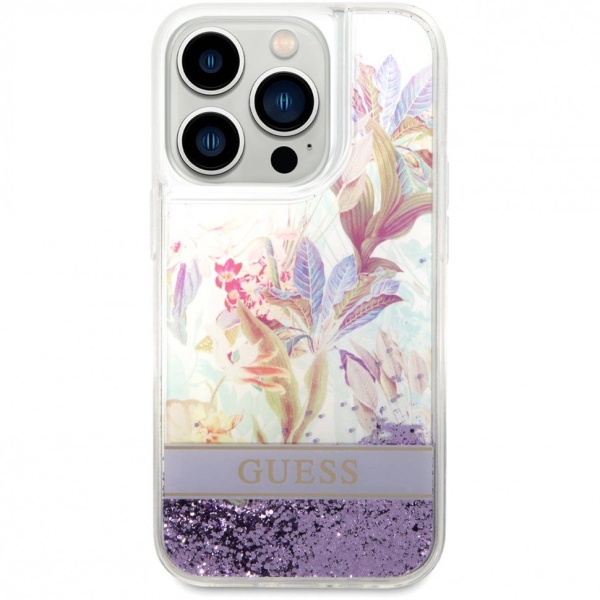 Чехол Guess для iPhone 14 Pro Max Liquid Glitter Flower Hard. Цвет: фиолетовый