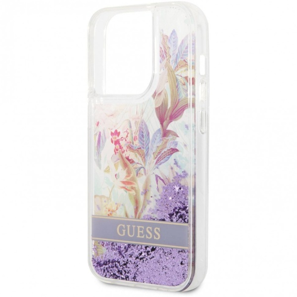 Чехол Guess для iPhone 14 Pro Max Liquid Glitter Flower Hard. Цвет: фиолетовый