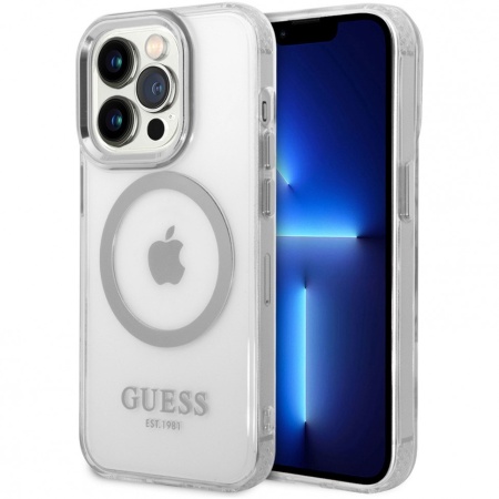 Чехол Guess для iPhone 14 Pro Max PC/TPU Metal outline Hard (MagSafe). Цвет: прозрачный/серебристый