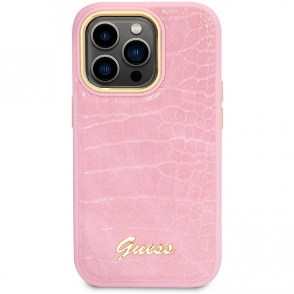 Чехол Guess для iPhone 14 Pro Max PC/TPU Translucent Electoplated camera Hard+hand St. Цвет: розовый