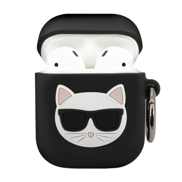 Чехол Lagerfeld Karl & Choupette для Airpods 1/2 силиконовый с кольцом. Цвет: чёрный