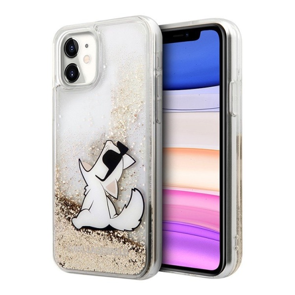 Чехол Lagerfeld для iPhone 11 Liquid glitter Choupette Fun Hard. Цвет: золотой