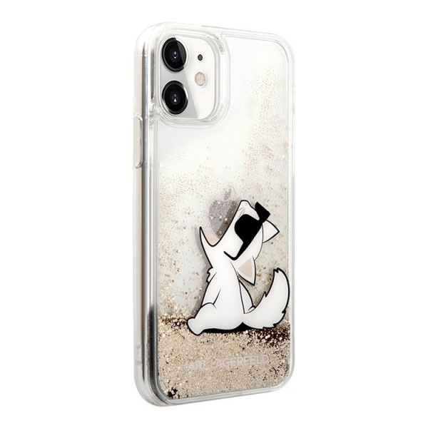 Чехол Lagerfeld для iPhone 11 Liquid glitter Choupette Fun Hard. Цвет: золотой