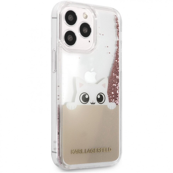 Чехол Lagerfeld для iPhone 13 Pro Liquid glitter Peek a Boo Hard. Цвет: прозрачный/розовый