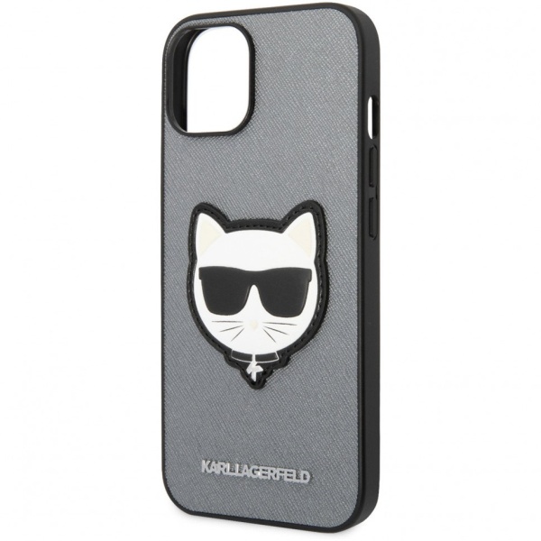 Чехол Lagerfeld для iPhone 14 PU Saffiano Choupette head Patch Hard. Цвет: серебристый