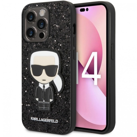 Чехол Lagerfeld для iPhone 14 Pro Glitter flakes Ikonik patch Metal logo Hard. Цвет: чёрный