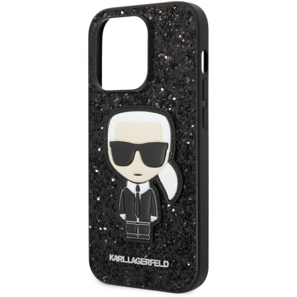 Чехол Lagerfeld для iPhone 14 Pro Glitter flakes Ikonik patch Metal logo Hard. Цвет: чёрный