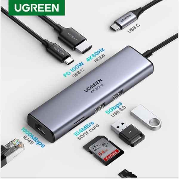 Хаб UGREEN CM511 USB-C Multifunction Adapter with PD Charging. Цвет: "Серый космос"