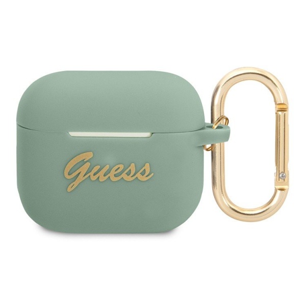 Чехол Guess Script logo для Airpods 3 силиконовый с кольцом. Цвет: зелёный