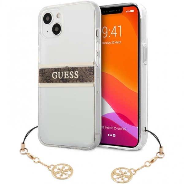 Чехол Guess для iPhone 13 mini PC/TPU 4G Stripe Hard+charm. Цвет: прозрачный/золотой