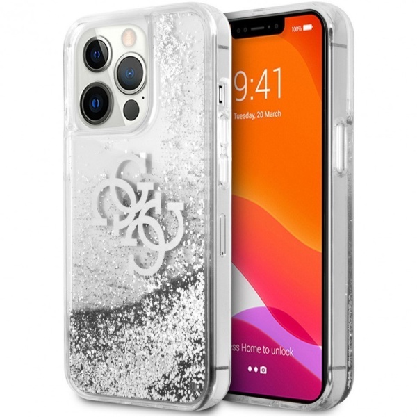 Чехол Guess для iPhone 13 Pro Liquid Glitter 4G Big logo Hard. Цвет: серебристый