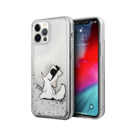 Чехол Lagerfeld для iPhone 12 Pro Max Liquid Glitter Choupette Fun Hard. Цвет: серебристый