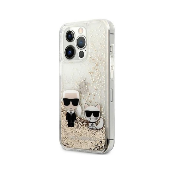 Чехол Lagerfeld для iPhone 13 Pro Max Liquid glitter Karl & Choupette Hard. Цвет: золотой