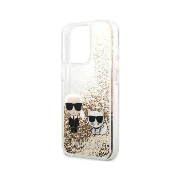 Чехол Lagerfeld для iPhone 13 Pro Max Liquid glitter Karl & Choupette Hard. Цвет: золотой