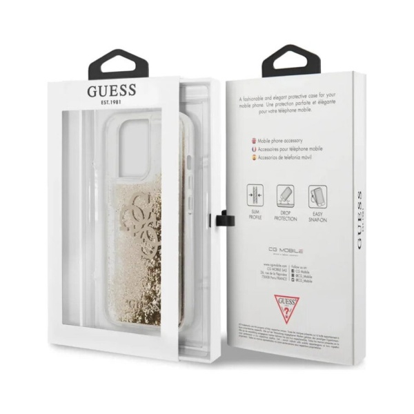 Чехол Guess для iPhone 13 Pro Liquid Glitter 4G Big logo Hard. Цвет: золотой