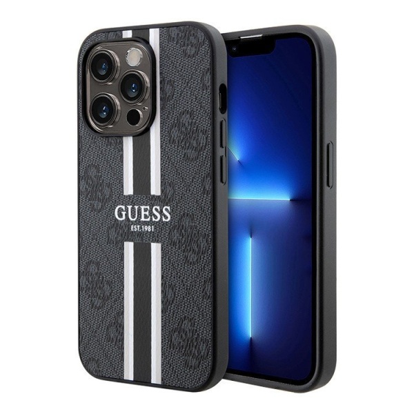 Чехол Guess для iPhone 13 Pro PU 4G Stripes hard (MagSafe). Цвет: чёрный