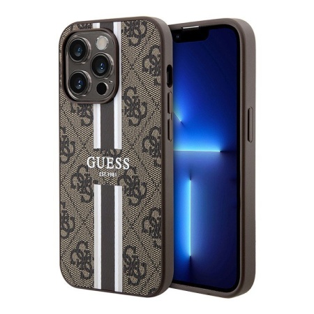 Чехол Guess для iPhone 13 Pro PU 4G Stripes hard (MagSafe). Цвет: коричневый