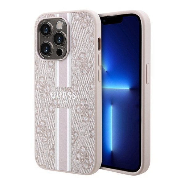 Чехол Guess для iPhone 13 Pro PU 4G Stripes hard (MagSafe). Цвет: розовый