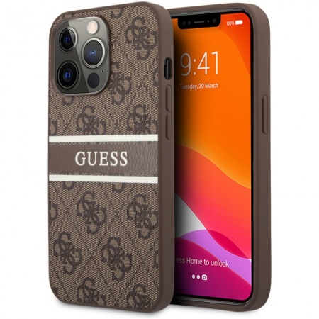 Чехол Guess для iPhone 14 Pro Max PU 4G Stripe printed logo Hard. Цвет: коричневый