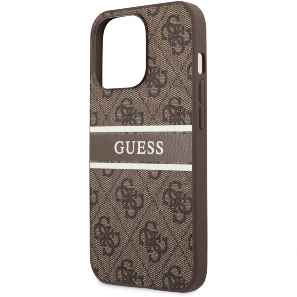 Чехол Guess для iPhone 14 Pro Max PU 4G Stripe printed logo Hard. Цвет: коричневый