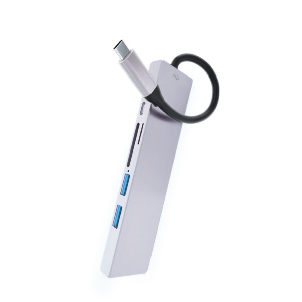 USB-хаб VLP Multiport 6 в 1хUSB-C, 2хUSB-A 3.0, HDMI, RJ-45, SD/Micro SD. Цвет: серебристый