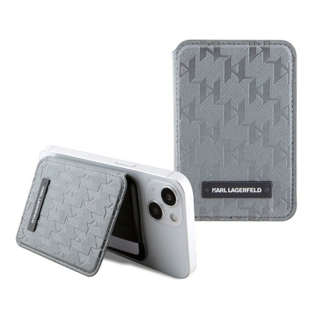 Магнитный бумажник Lagerfeld Wallet Cardslot MagSafe Stand Saffiano Monogram Plate logo Цвет: серебр