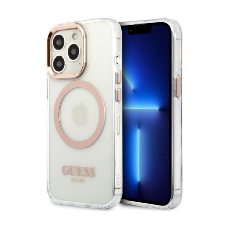 Чехол Guess для iPhone 13 Pro PC/TPU Peony Glitter Hard (Magsafe). Цвет: прозрачный/золотой