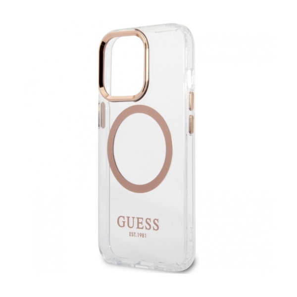 Чехол Guess для iPhone 13 Pro PC/TPU Peony Glitter Hard (Magsafe). Цвет: прозрачный/золотой