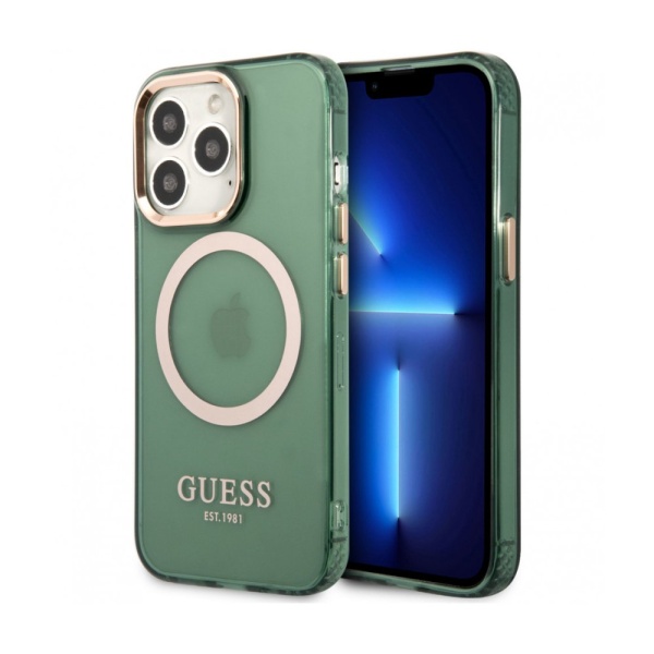 Чехол Guess для iPhone 13 Pro Max PC/TPU Metal outline Hard Translucent. Цвет: зелёный/золотой