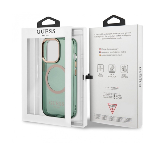 Чехол Guess для iPhone 13 Pro Max PC/TPU Metal outline Hard Translucent. Цвет: зелёный/золотой