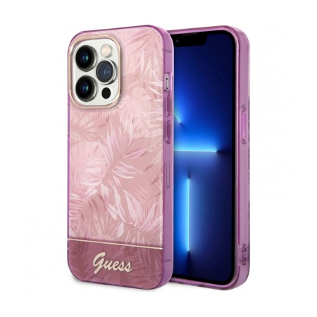 Чехол Guess для iPhone 14 Pro Max PC/TPU Jungle Electroplated camera Hard. Цвет: розовый