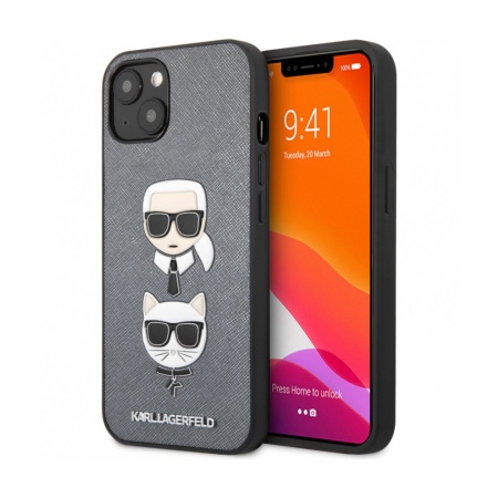 Чехол Lagerfeld для iPhone 13 PU Saffiano Karl & Choupette heads Hard. Цвет: серебристый