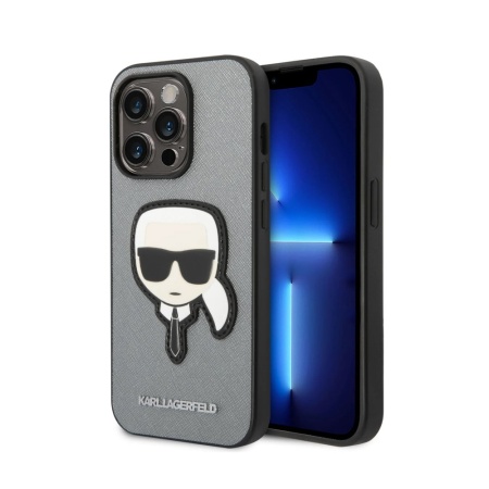 Чехол Lagerfeld для iPhone 14 Pro Max PU Saffiano Karl head Patch Hard. Цвет: серебристый