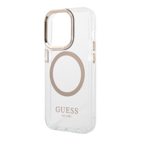Чехол Guess PC/TPU Metal outline Hard MagSafe для iPhone 15 Pro. Цвет: прозрачный/золотой