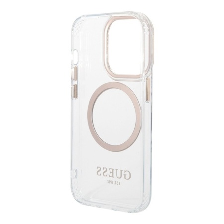 Чехол Guess PC/TPU Metal outline Hard MagSafe для iPhone 15 Pro. Цвет: прозрачный/золотой