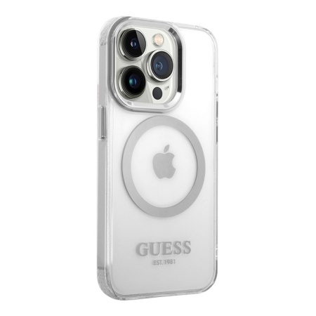 Чехол Guess PC/TPU Metal outline Hard MagSafe для iPhone 15 Pro. Цвет: прозрачный/серебристый