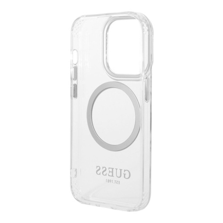 Чехол Guess PC/TPU Metal outline Hard MagSafe для iPhone 15 Pro. Цвет: прозрачный/серебристый