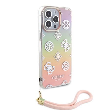 Чехол Guess PC/TPU Peony glitter +Nylon Hand cord Hard для iPhone 15 Pro. Цвет: радужный розовый